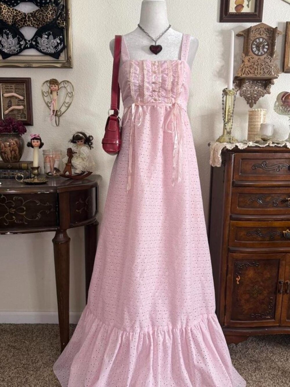 True vintage Union Made coquette prairie pink dainty romantic maxi dress